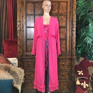 Passion Pink Ruffle Tie Front Semi Sheer Duster Topper Cover-up